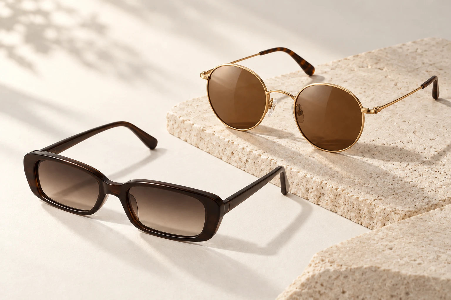 Gold round and espresso rectangle sunglasses in a daylight still life