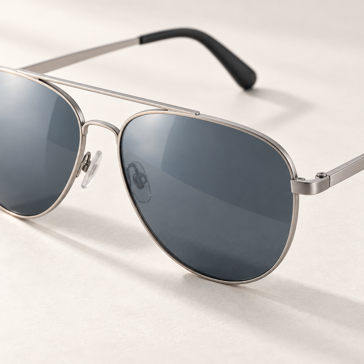 Shadevera Altitude Aviator sunglasses, satin silver frame and blue gray lenses, detail view