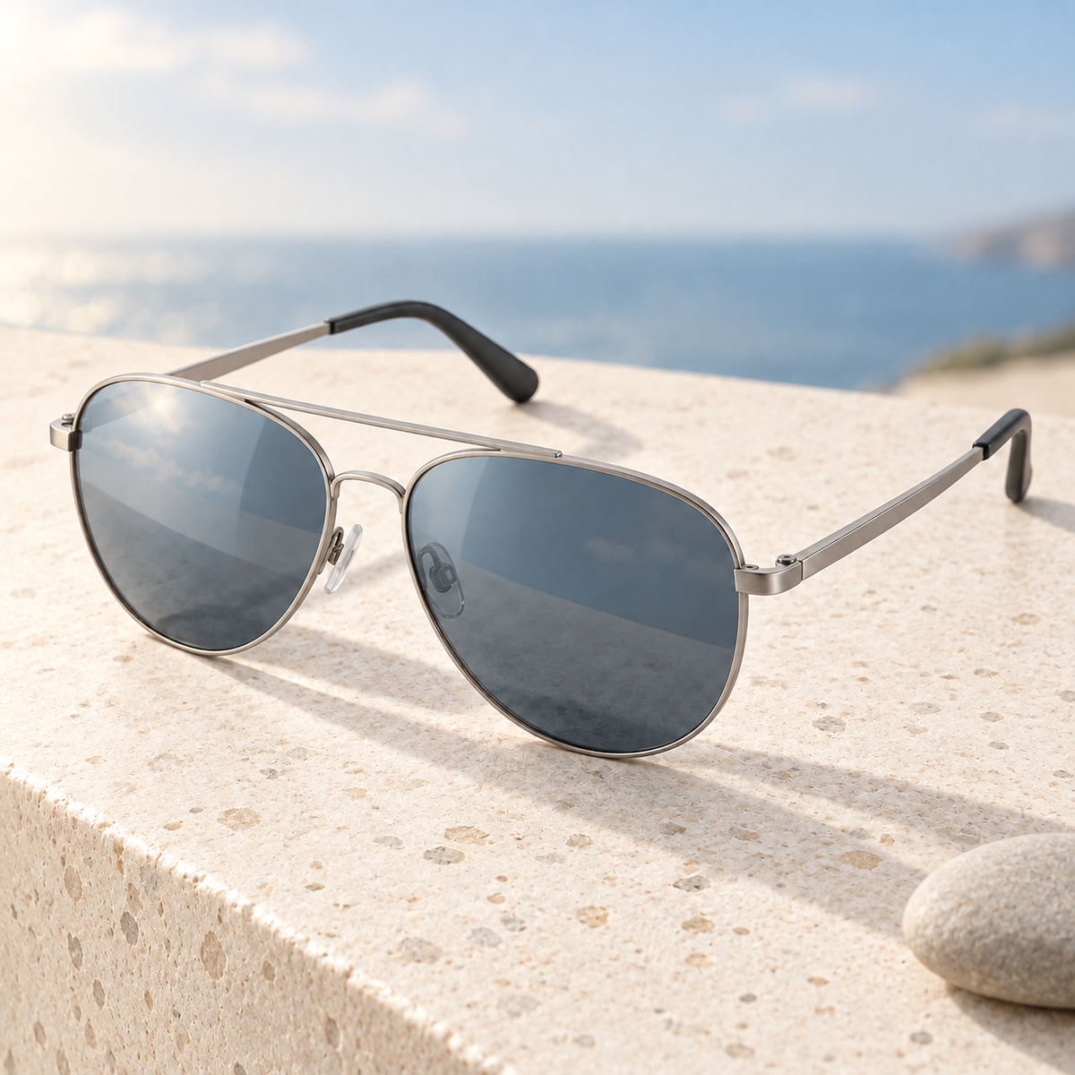 Shadevera Altitude Aviator sunglasses, satin silver frame and blue gray lenses, lifestyle view