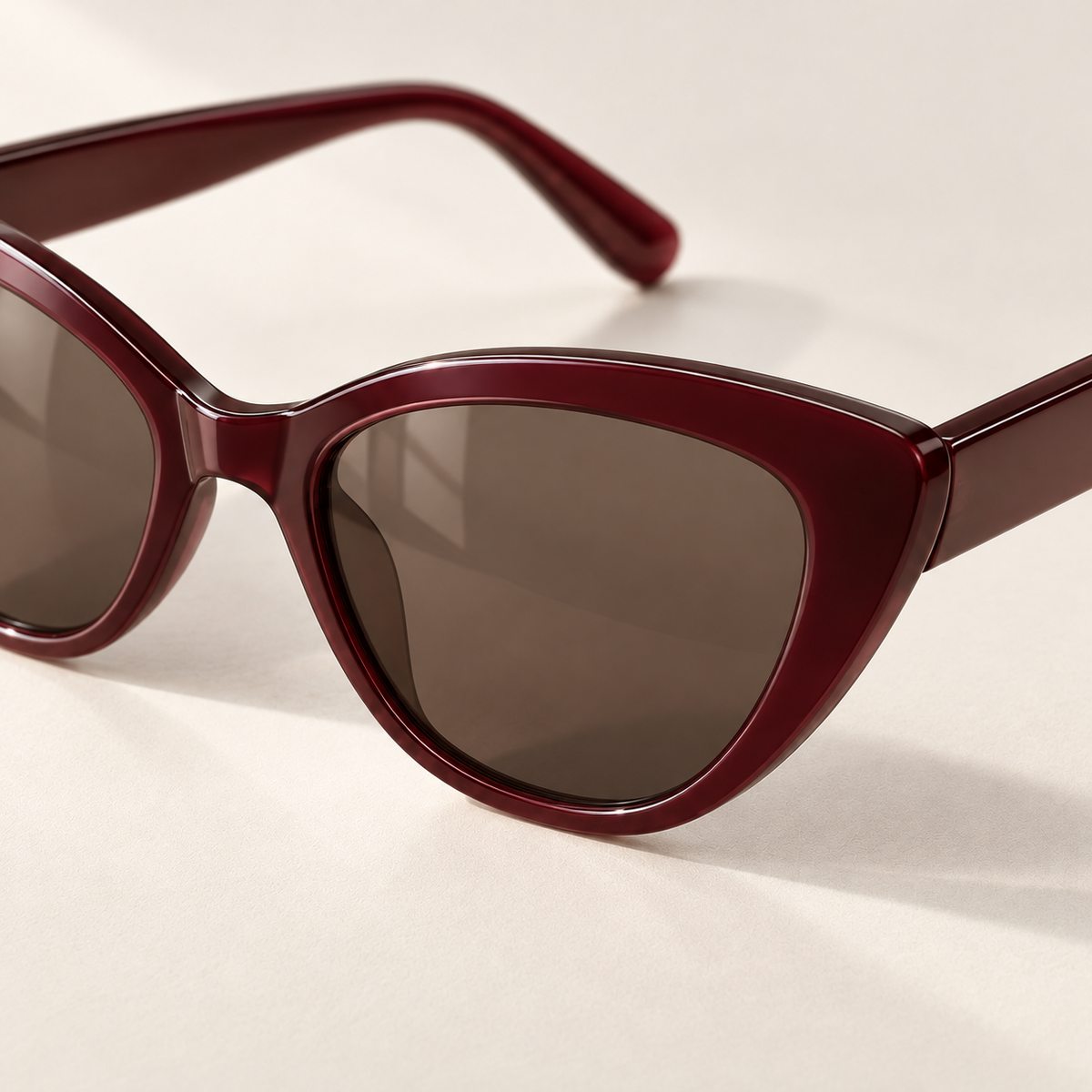 Shadevera Arden Cat-Eye sunglasses, deep burgundy frame and gray brown lenses, detail view