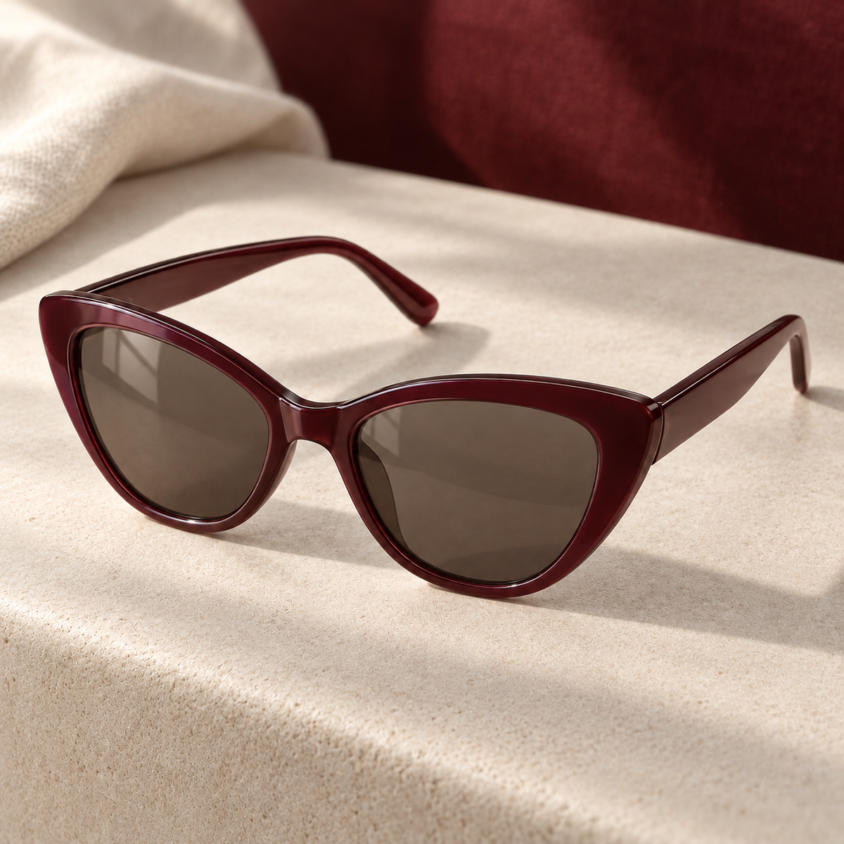 Shadevera Arden Cat-Eye sunglasses, deep burgundy frame and gray brown lenses, lifestyle view