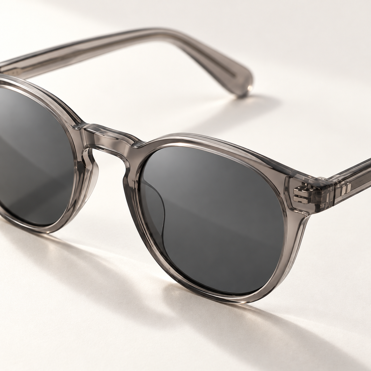 Shadevera Aster Panto sunglasses, transparent smoke frame and slate gray lenses, detail view