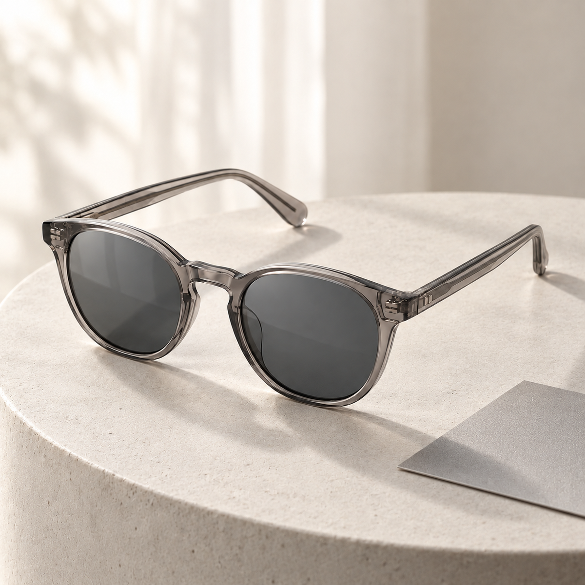Shadevera Aster Panto sunglasses, transparent smoke frame and slate gray lenses, lifestyle view