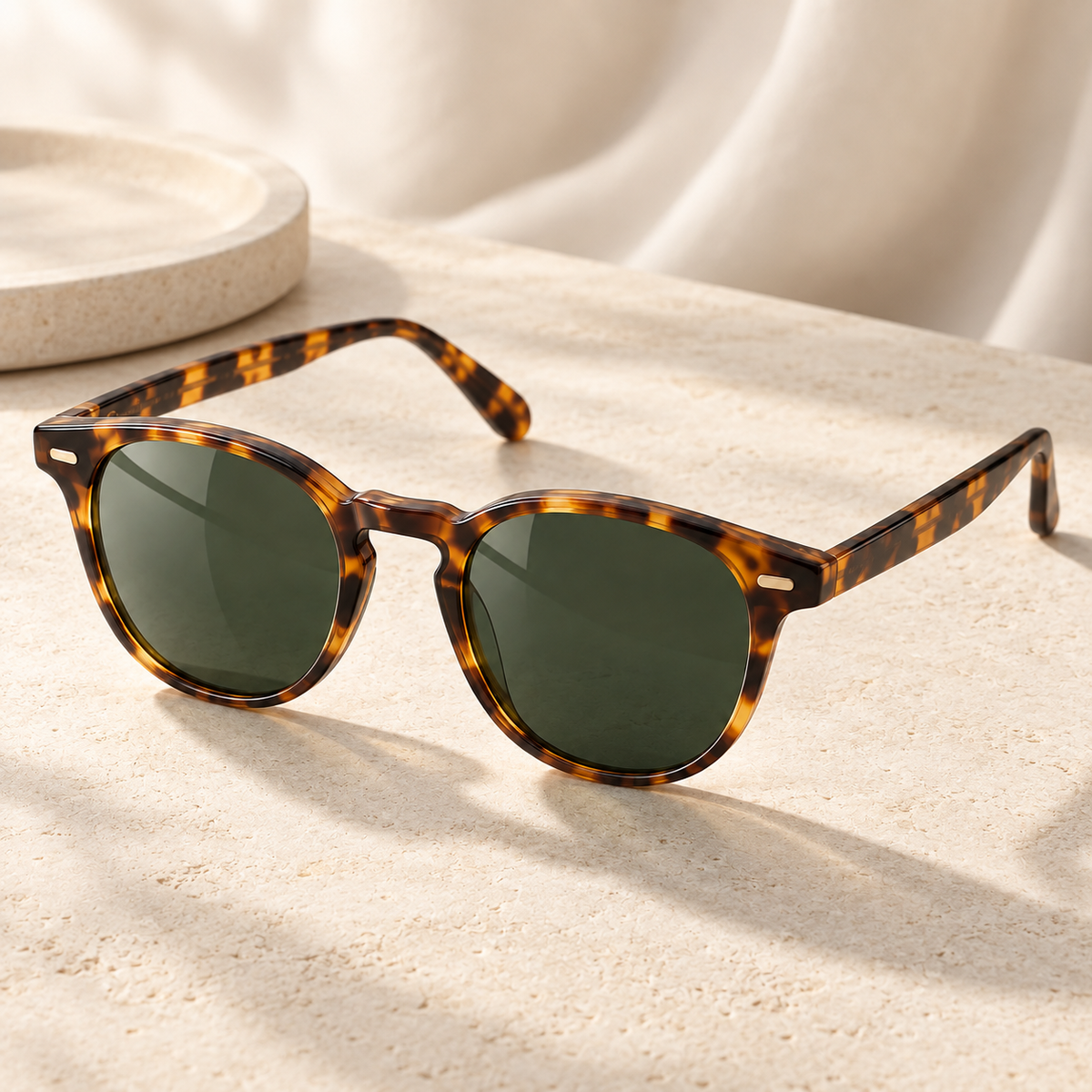 Shadevera Cove Panto sunglasses, honey tortoise frame and deep green lenses, lifestyle view