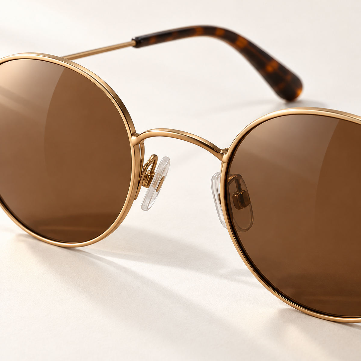 Shadevera Halo Round sunglasses, antique gold tone frame and brown lenses, detail view