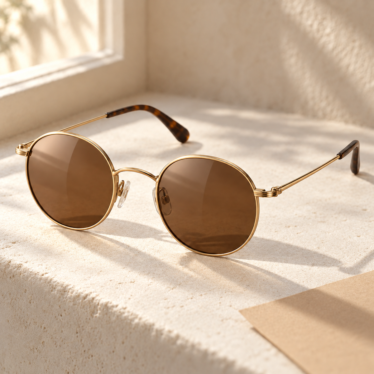 Shadevera Halo Round sunglasses, antique gold tone frame and brown lenses, lifestyle view