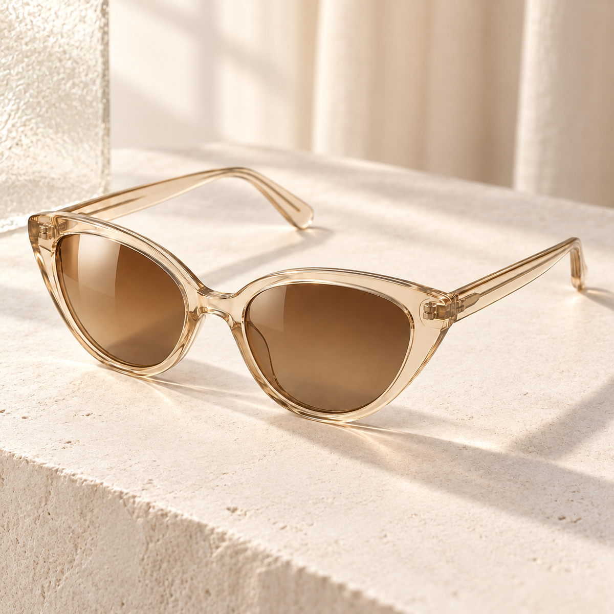 Shadevera Luma Cat-Eye sunglasses, transparent champagne frame and honey brown lenses, lifestyle view