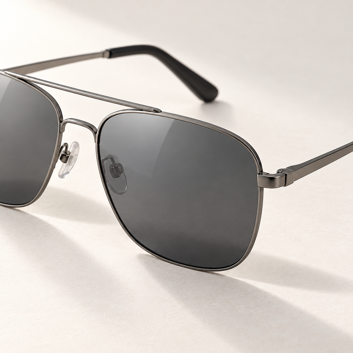 Shadevera Meridian Aviator sunglasses, gunmetal frame and smoke gray lenses, detail view