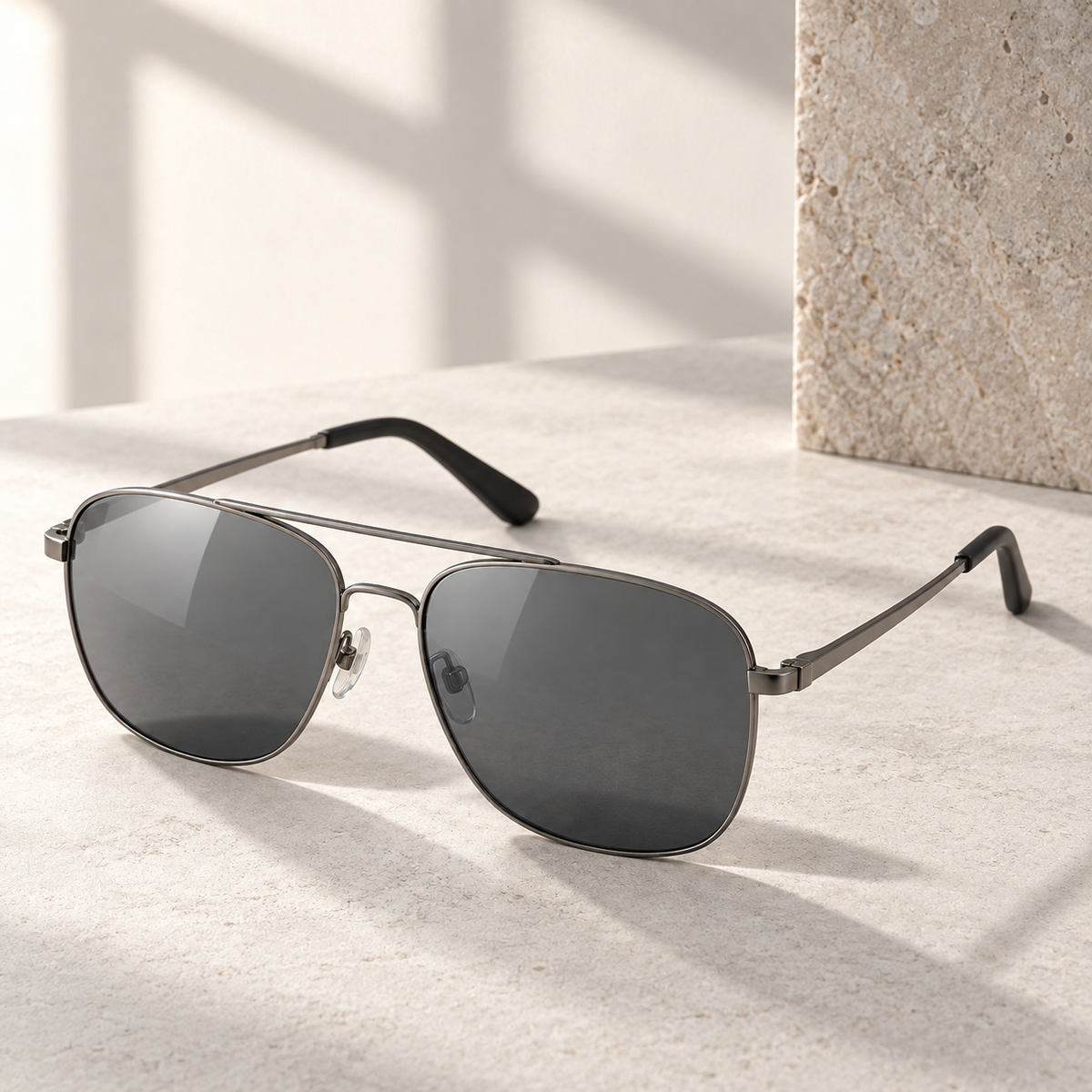 Shadevera Meridian Aviator sunglasses, gunmetal frame and smoke gray lenses, lifestyle view