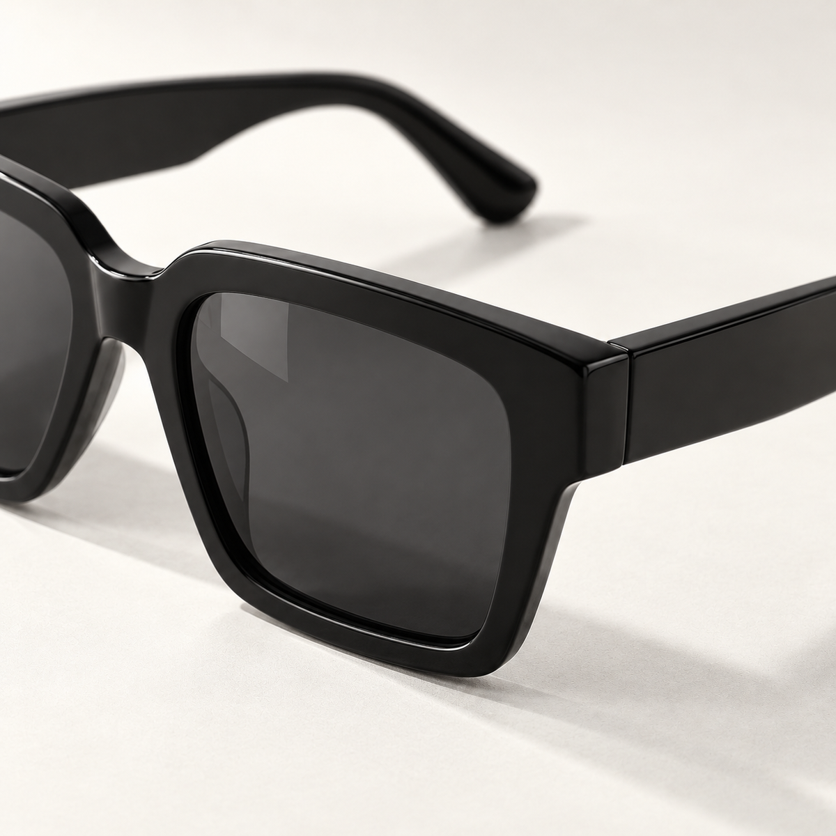 Shadevera Monolith Square sunglasses, ink black frame and deep smoke gray lenses, detail view
