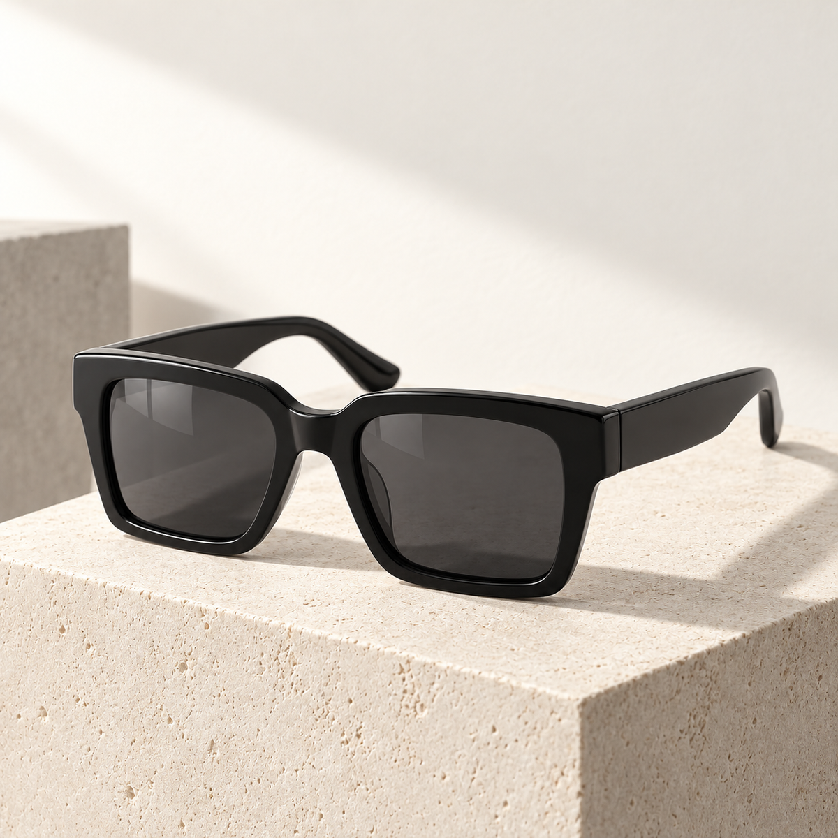 Shadevera Monolith Square sunglasses, ink black frame and deep smoke gray lenses, lifestyle view