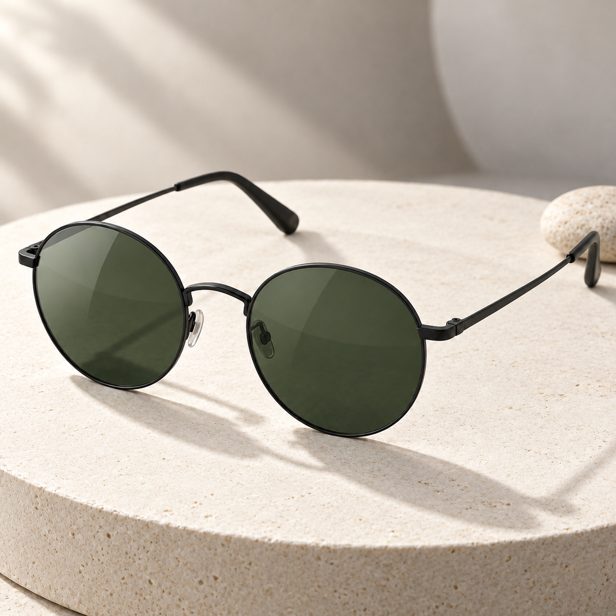 Shadevera Orbit Round sunglasses, matte black metal frame and deep green lenses, lifestyle view