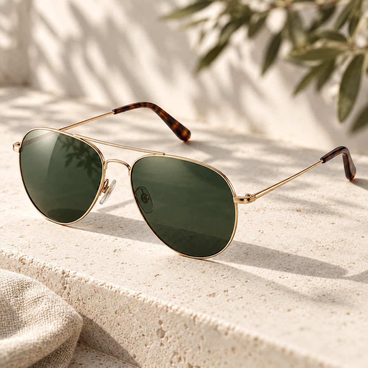 Shadevera Solace Aviator sunglasses, warm gold frame and forest green lenses, lifestyle view