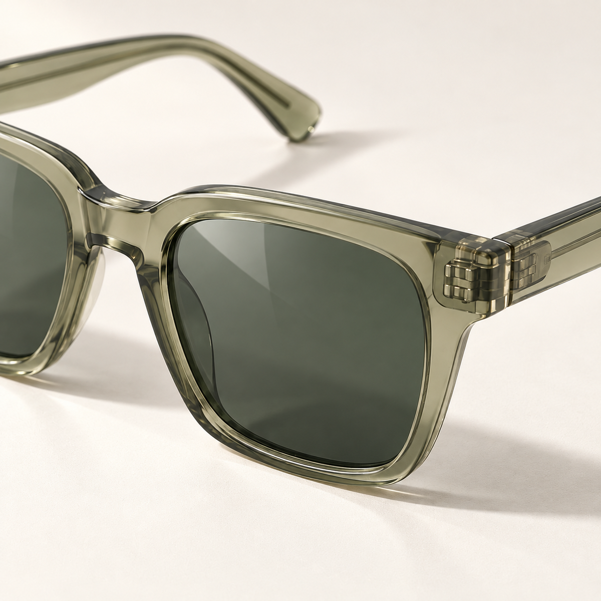 Shadevera Solstice Square sunglasses, transparent sage frame and gray green lenses, detail view