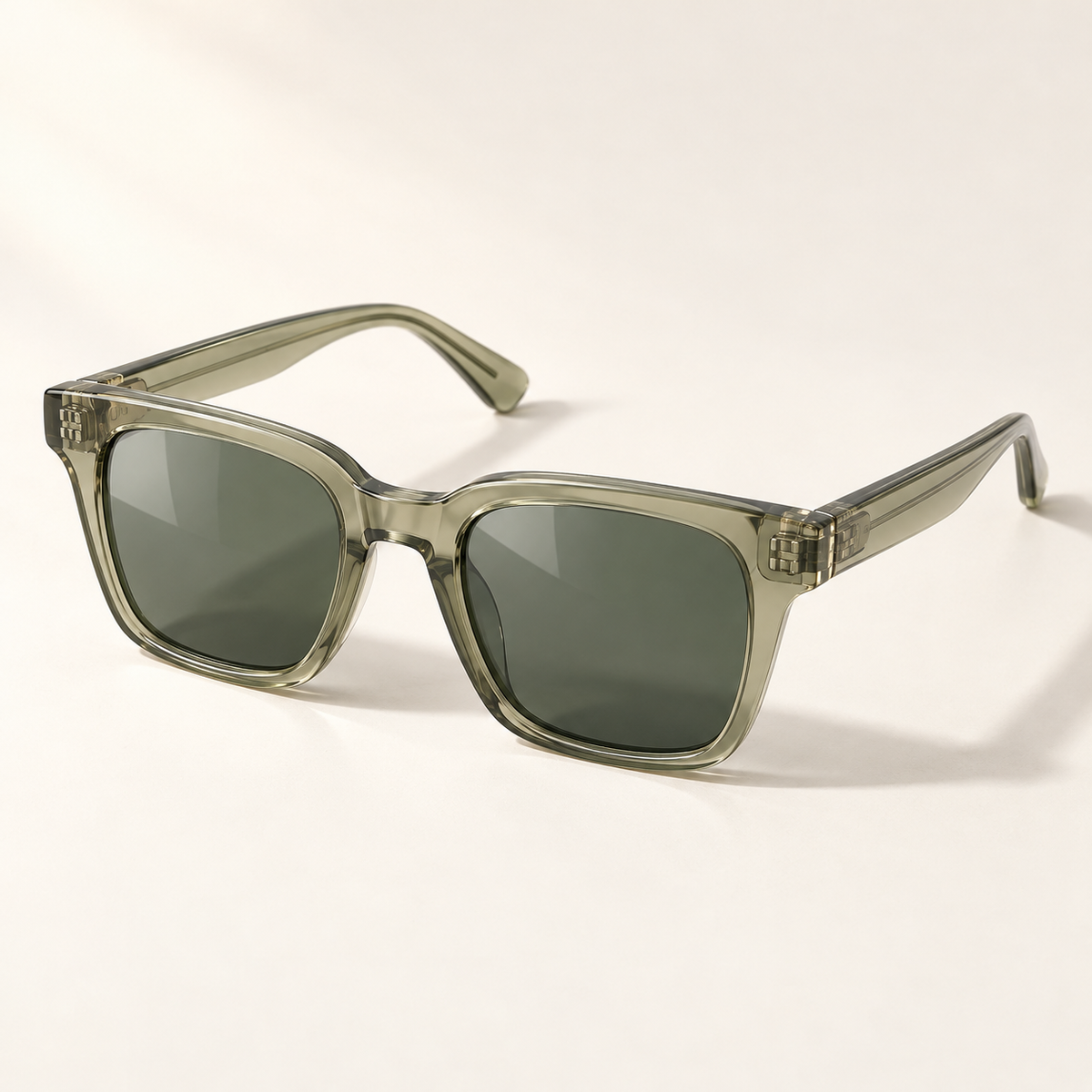 Shadevera Solstice Square sunglasses, transparent sage frame and gray green lenses, hero view