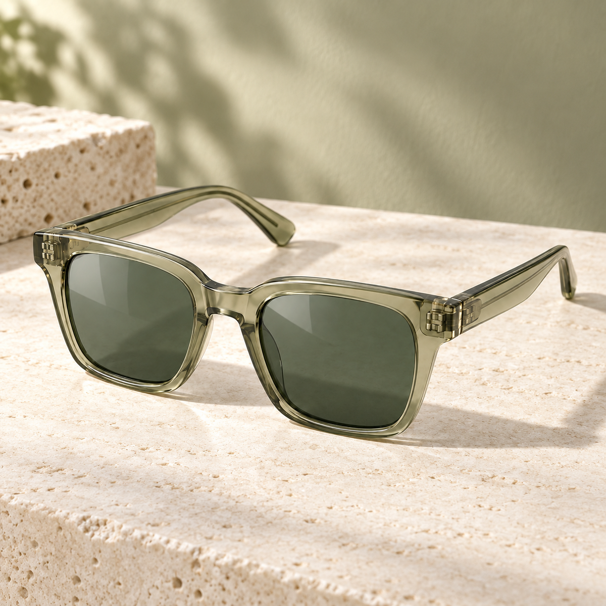 Shadevera Solstice Square sunglasses, transparent sage frame and gray green lenses, lifestyle view
