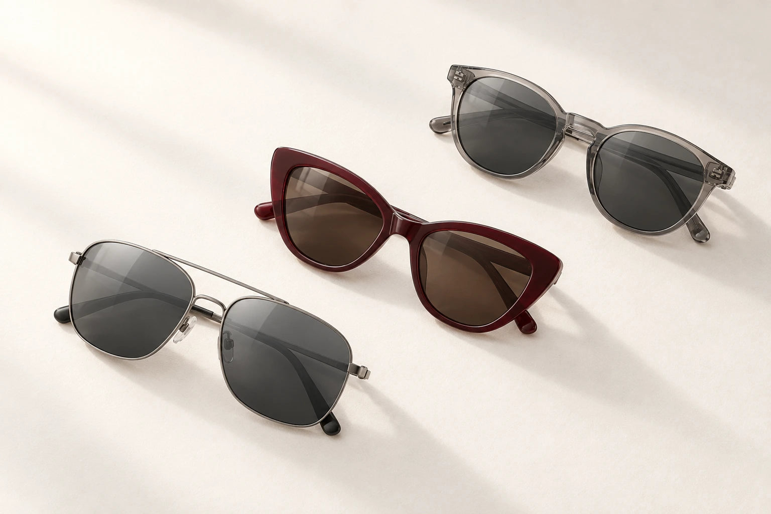 Three distinct sunglasses silhouettes arranged in daylight